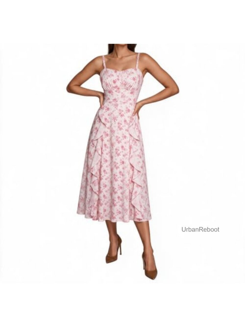 Boho Floral Midi Sun Dress Ruffle Empire Waist Flowy